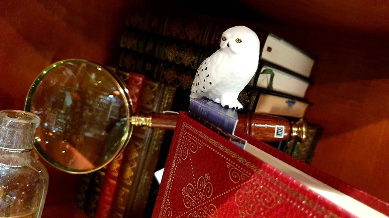 Marque-page Hedwige sur pile de livres